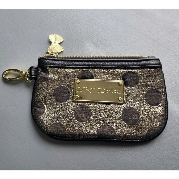 Betsey Johnson Handbags - Betsey Johnson Wristlet Wallet Black and Gold Polka Dot Metallic‎ ID Window
